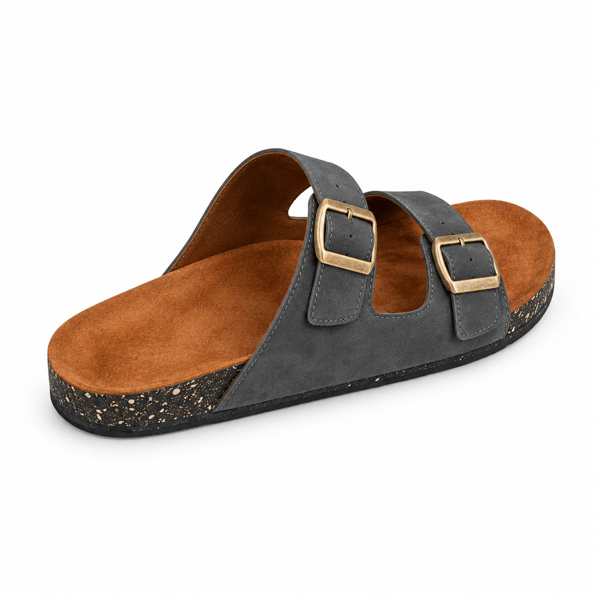 Dune Double-Buckle Sandals in Charcoal, EU 37–45, rear three-quarter elevated view showing the open heel and inner footbed, whole shoe visible; do not show an invented outsole tread