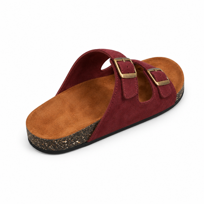 Dune Double-Buckle Sandals in Burgundy, EU 37–45, rear three-quarter elevated view showing the open heel and inner footbed, whole shoe visible; do not show an invented outsole tread