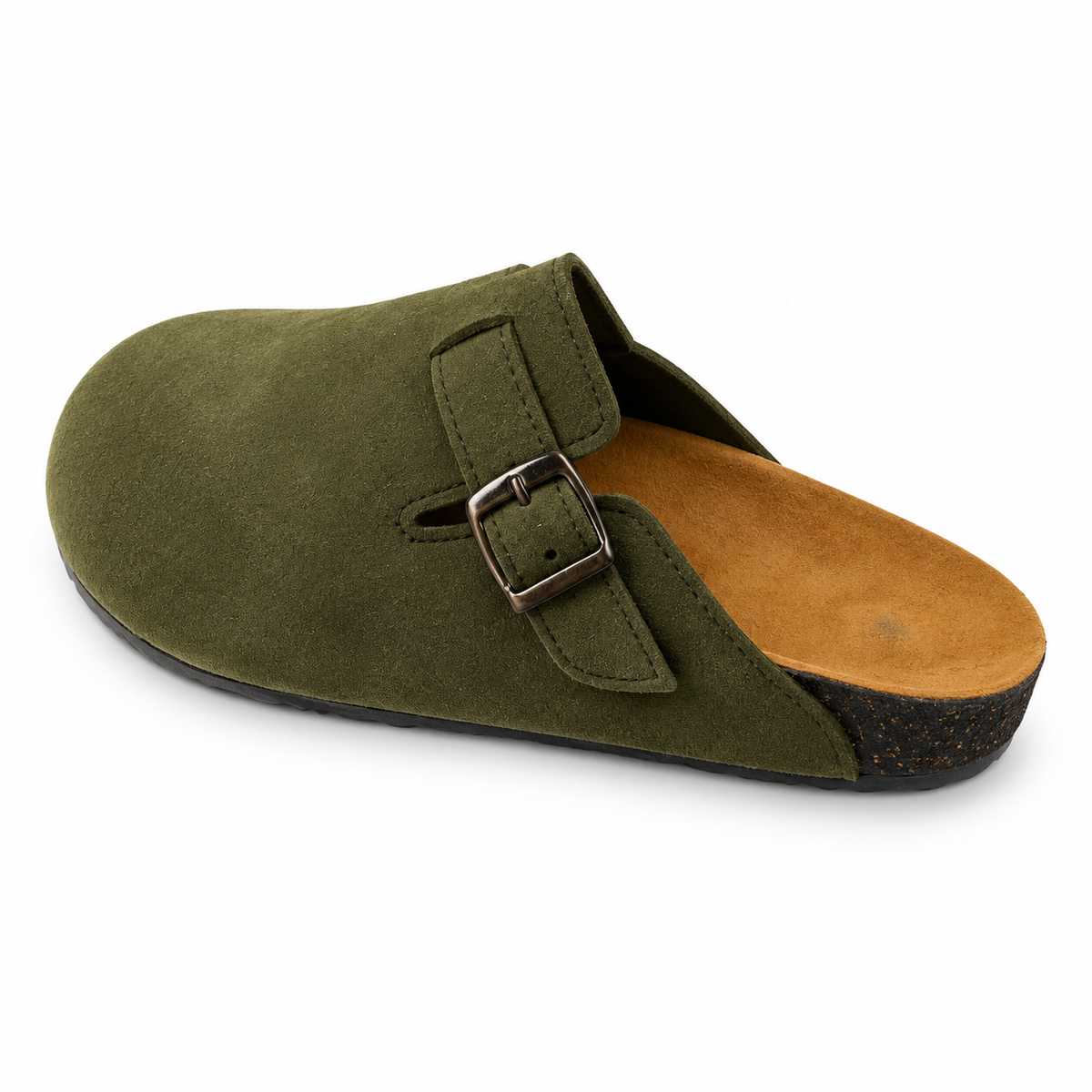 Haven Buckle Clogs in Olive, EU 37–45, rear three-quarter elevated view showing the open heel and inner footbed, whole shoe visible; do not show an invented outsole tread