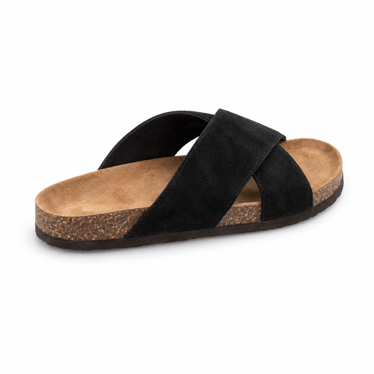 Cove Cross-Strap Slides in Black, EU 37–45, rear three-quarter elevated view showing the open heel and inner footbed, whole shoe visible; do not show an invented outsole tread