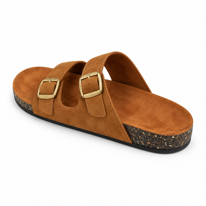 Dune Double-Buckle Sandals in Camel, EU 37–45, rear three-quarter elevated view showing the open heel and inner footbed, whole shoe visible; do not show an invented outsole tread