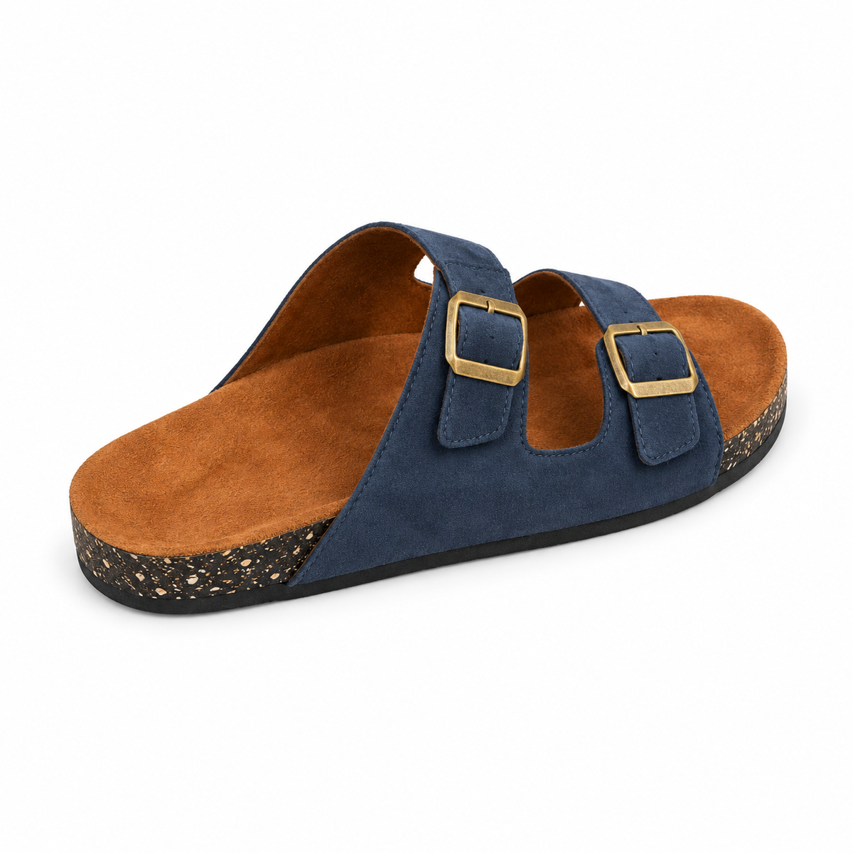 Dune Double-Buckle Sandals in Navy, EU 37–45, rear three-quarter elevated view showing the open heel and inner footbed, whole shoe visible; do not show an invented outsole tread