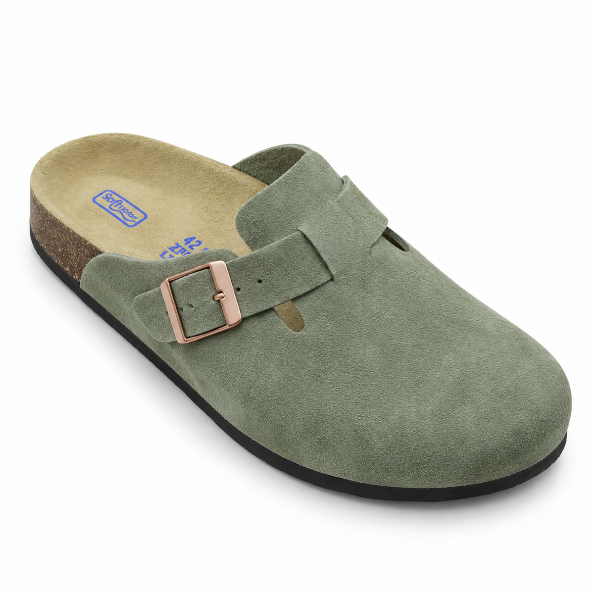 Haven Copper Buckle Clogs — Sage, buckle and footbed view