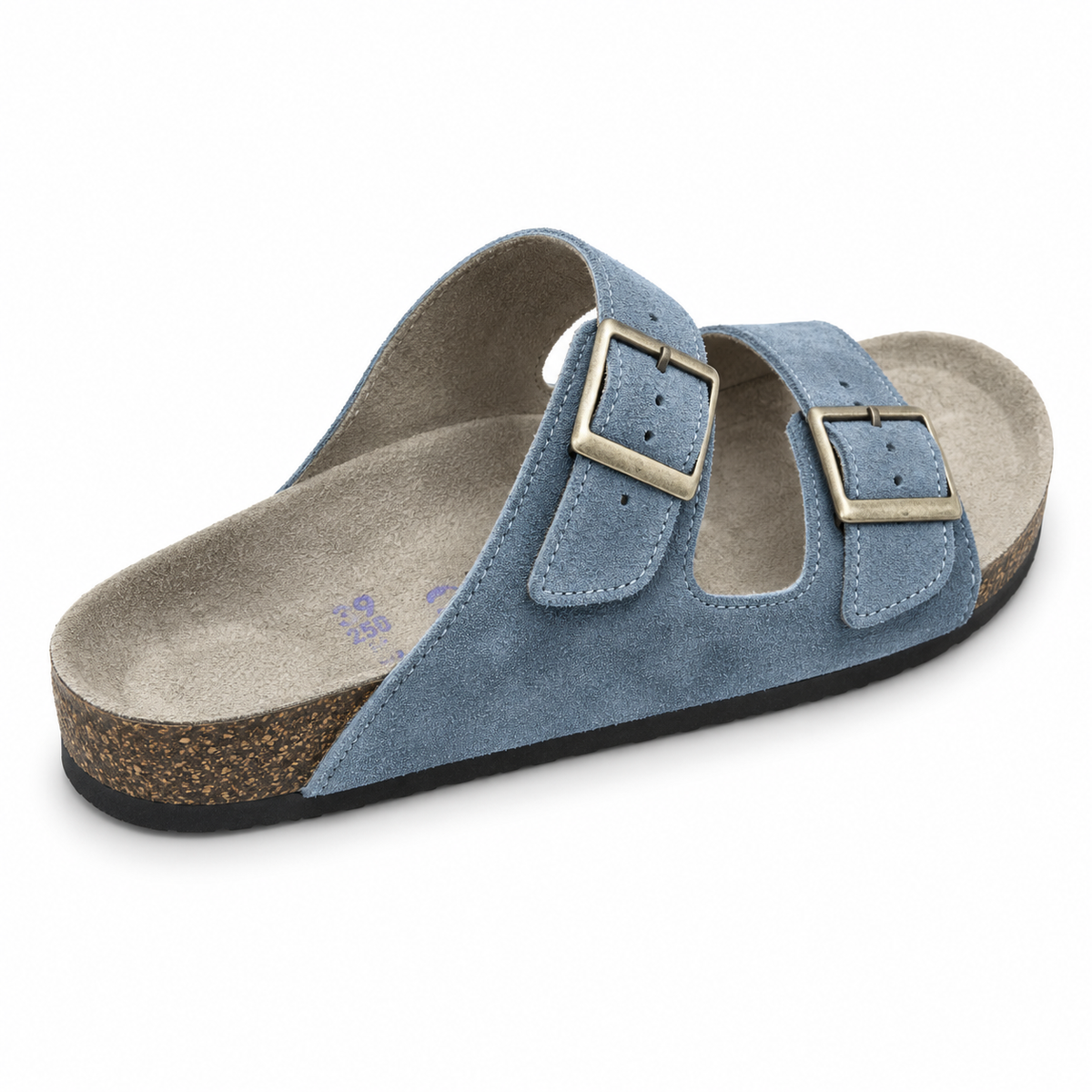 Dune Textured Double-Buckle Sandals — Denim, rear view