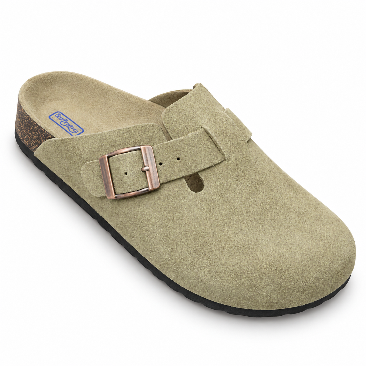 Haven Copper Buckle Clogs — Sand, buckle and footbed view