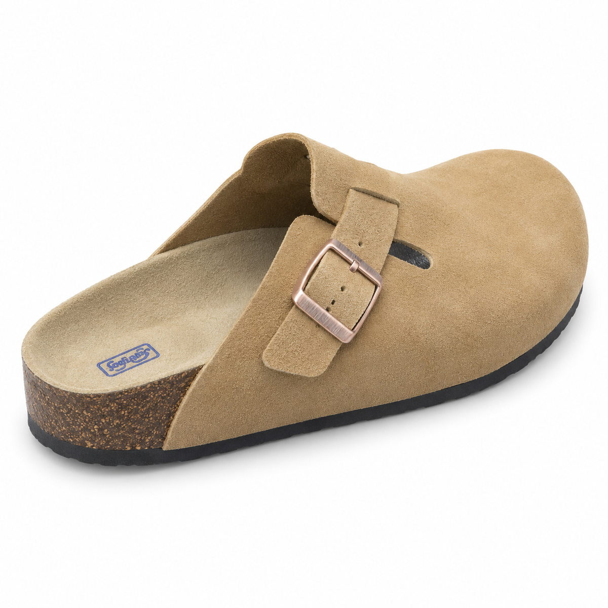 Haven Copper Buckle Clogs — Camel, buckle and footbed view