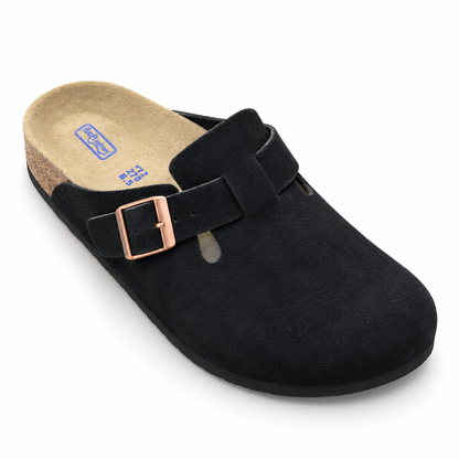 Haven Copper Buckle Clogs — Black, buckle and footbed view