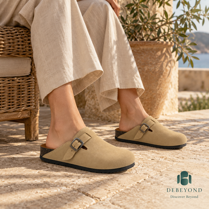 Haven Buckle Clogs — Sand — styled on a woman, Debeyond lifestyle image 1