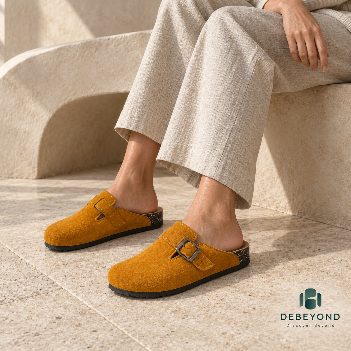 Haven Buckle Clogs — Ochre — styled on a woman, Debeyond lifestyle image 1