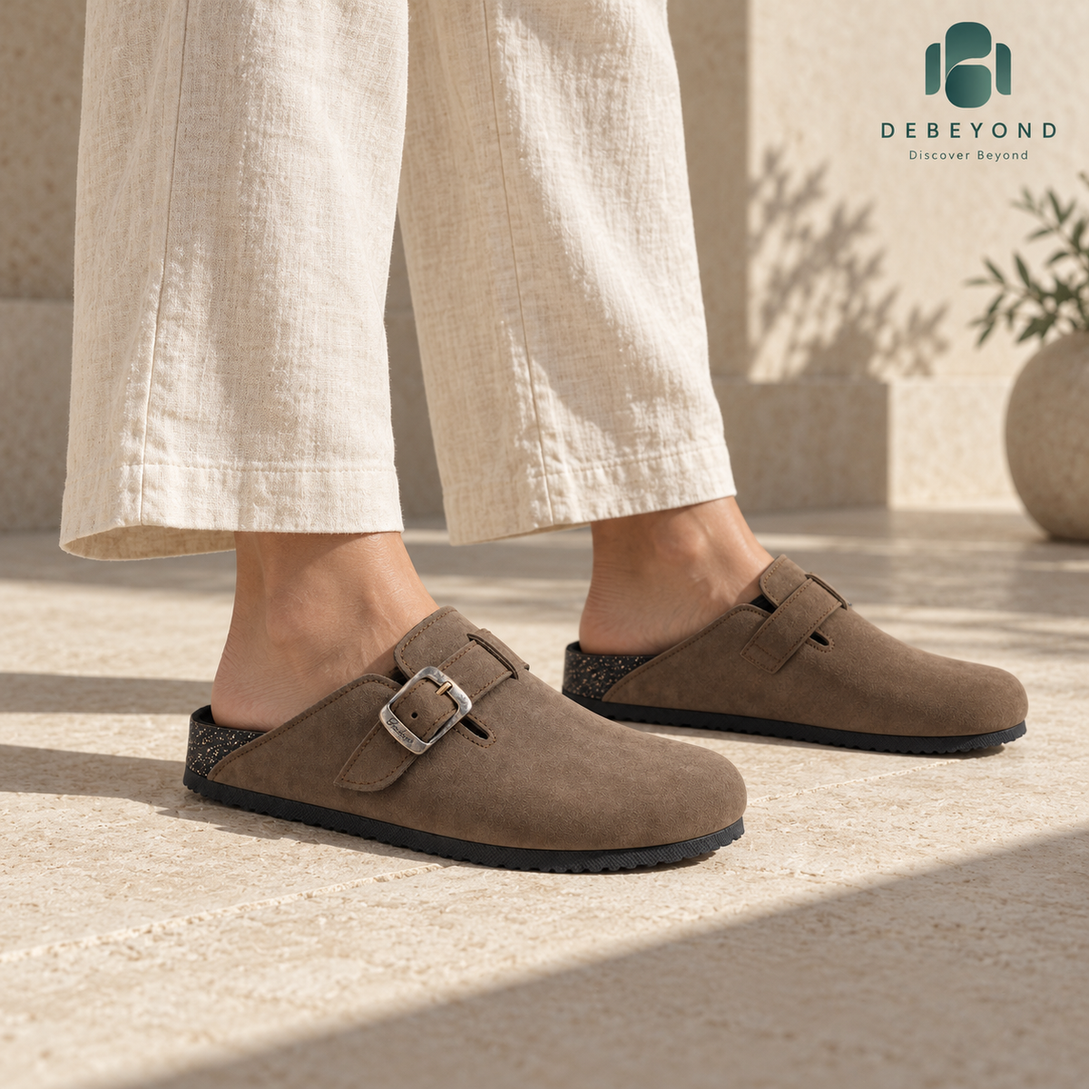 Haven Buckle Clogs — Mocha — styled on a woman, Debeyond lifestyle image 1