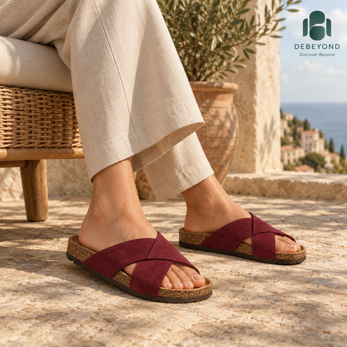 Cove Cross-Strap Slides — Burgundy — styled on a woman, Debeyond lifestyle image 1