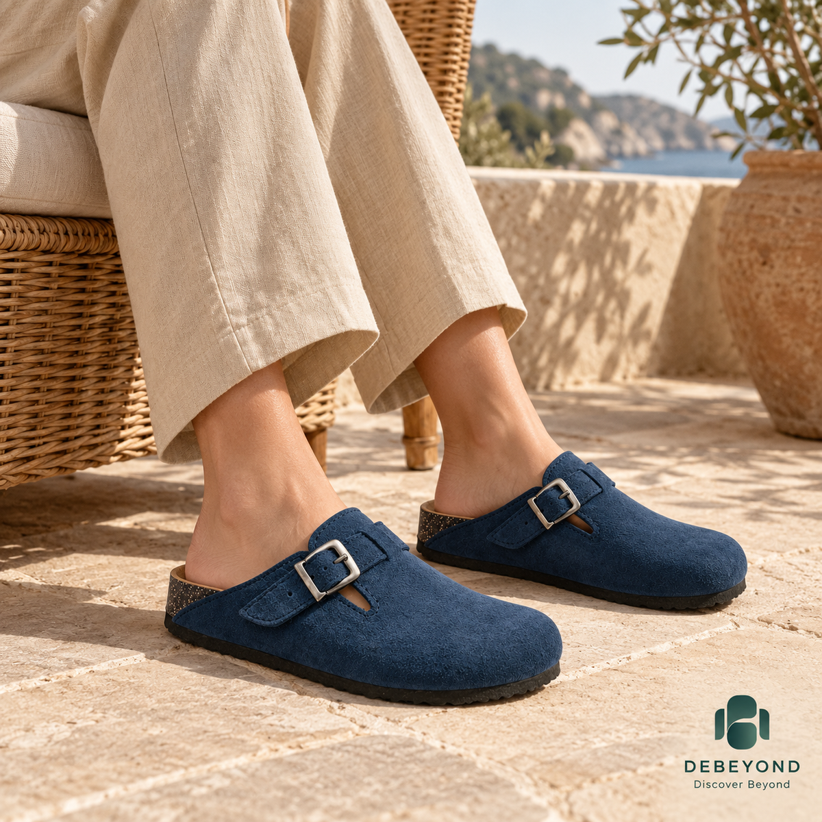 Haven Buckle Clogs — Navy — styled on a woman, Debeyond lifestyle image 1