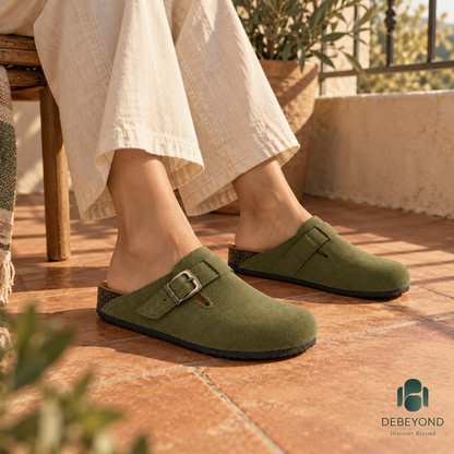 Haven Buckle Clogs — Olive — styled on a woman, Debeyond lifestyle image 1