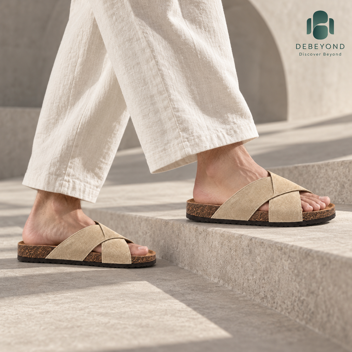Cove Cross-Strap Slides — Sand — styled on a man, Debeyond lifestyle image 2