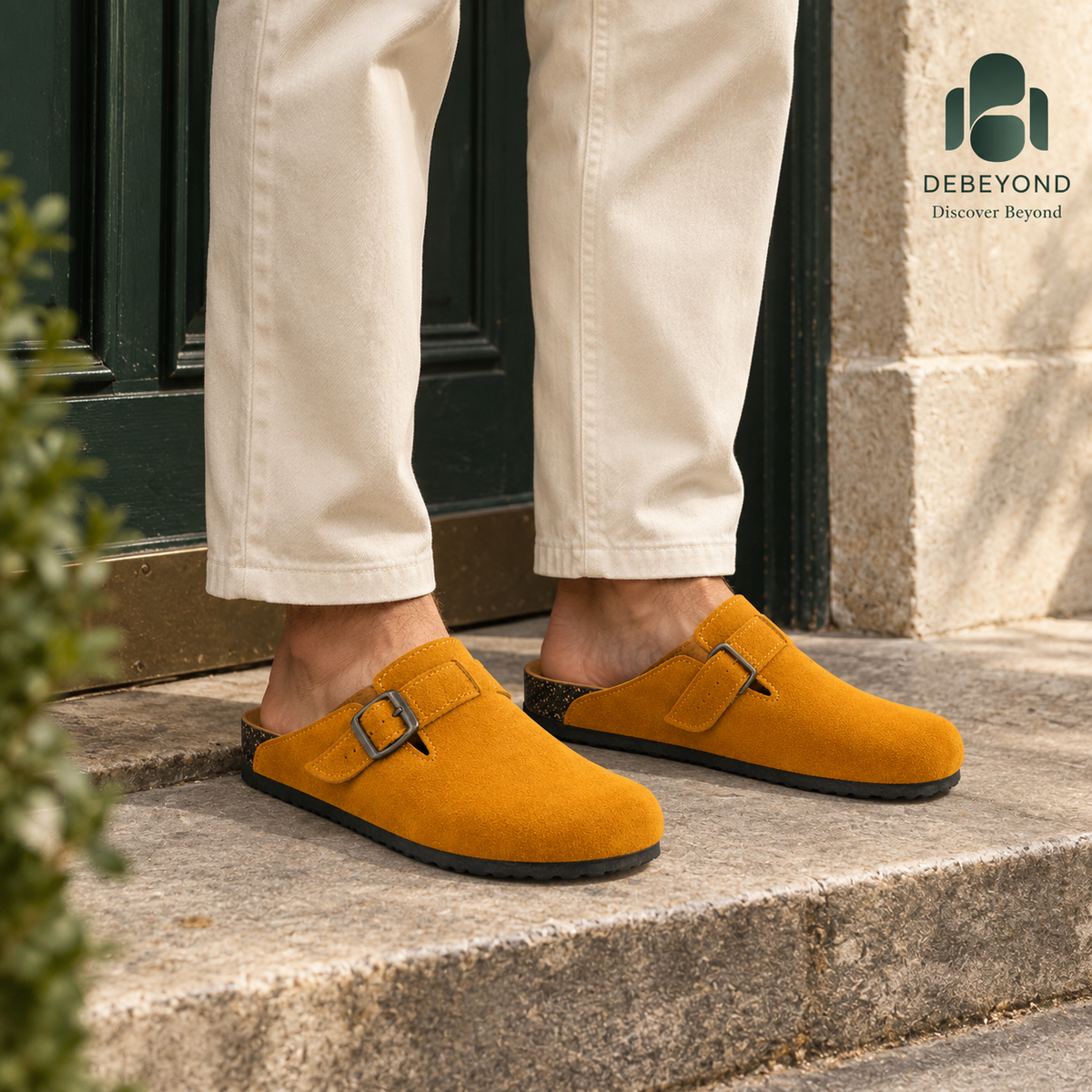 Haven Buckle Clogs — Ochre — styled on a man, Debeyond lifestyle image 2