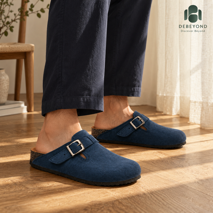 Haven Buckle Clogs — Navy — styled on a man, Debeyond lifestyle image 2
