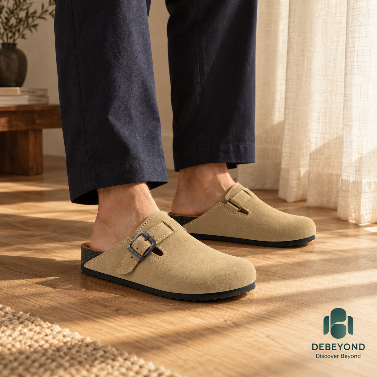 Haven Buckle Clogs — Sand — styled on a man, Debeyond lifestyle image 2