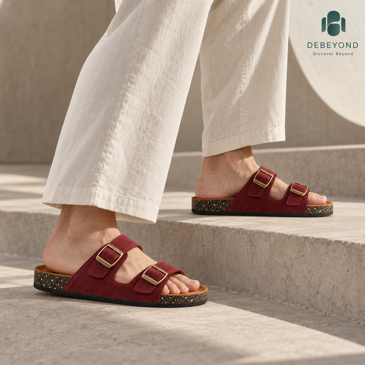 Dune Double-Buckle Sandals — Burgundy — styled on a man, Debeyond lifestyle image 2