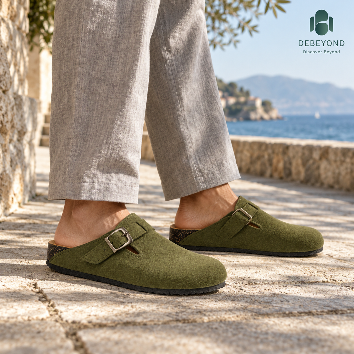 Haven Buckle Clogs — Olive — styled on a man, Debeyond lifestyle image 2