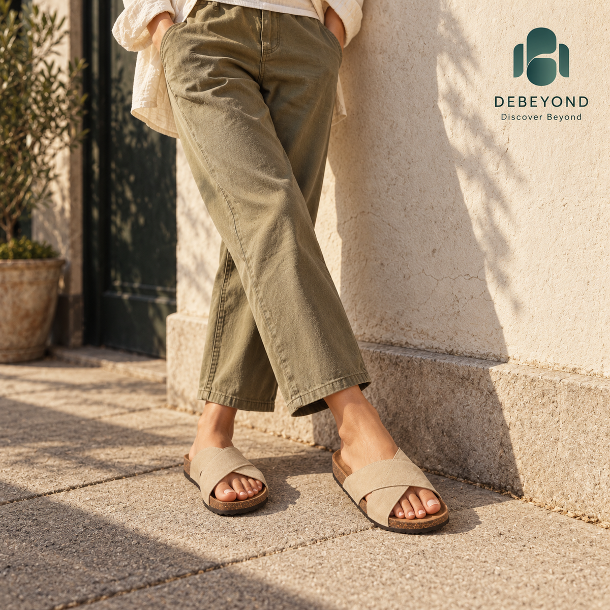 Cove Cross-Strap Slides — Sand — styled on a woman, Debeyond lifestyle image 3