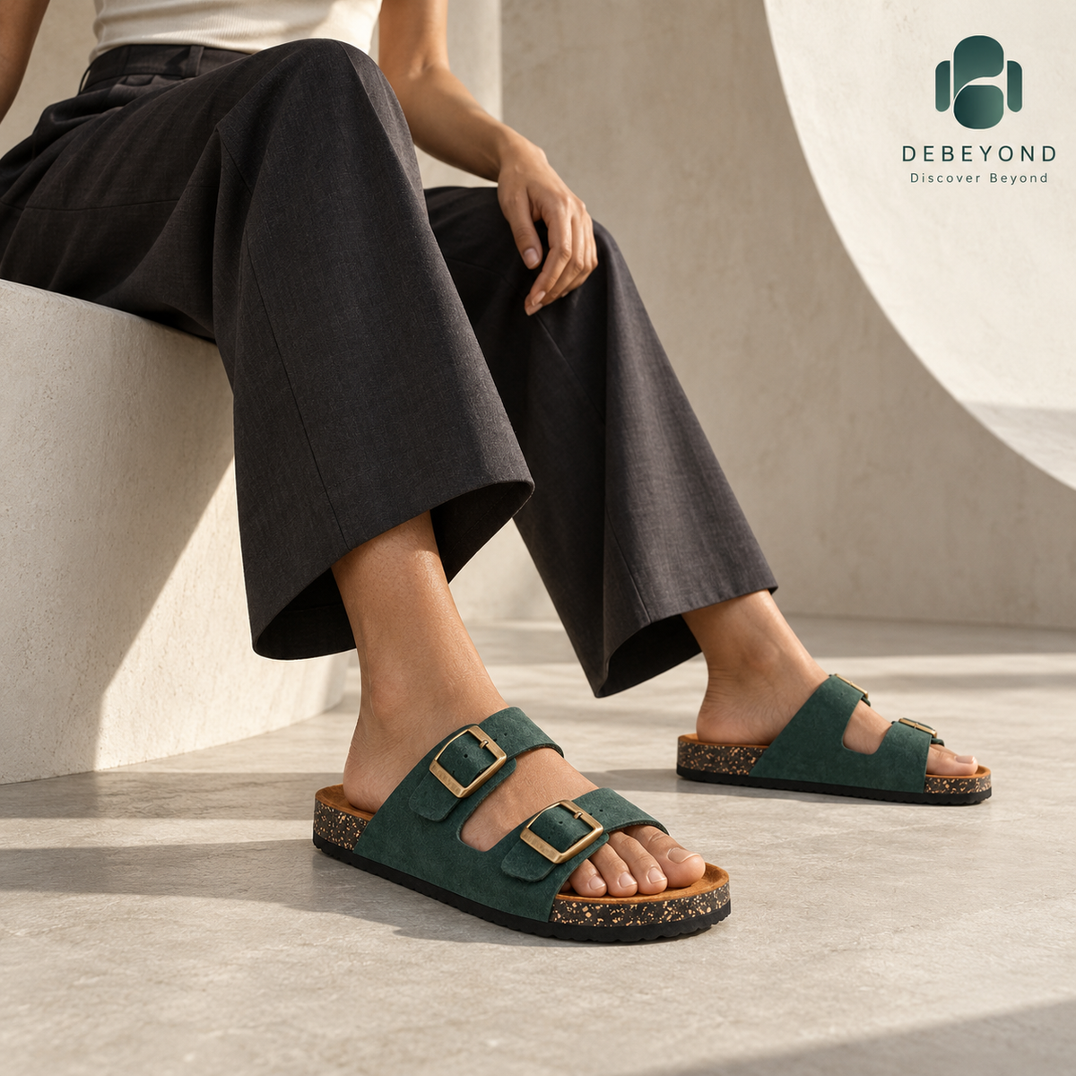 Dune Double-Buckle Sandals — Forest — styled on a woman, Debeyond lifestyle image 3