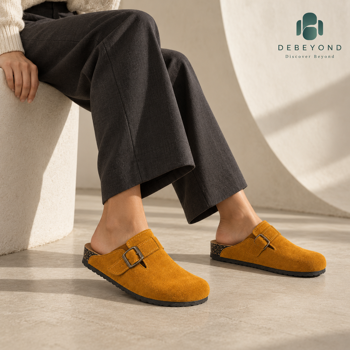 Haven Buckle Clogs — Ochre — styled on a woman, Debeyond lifestyle image 3