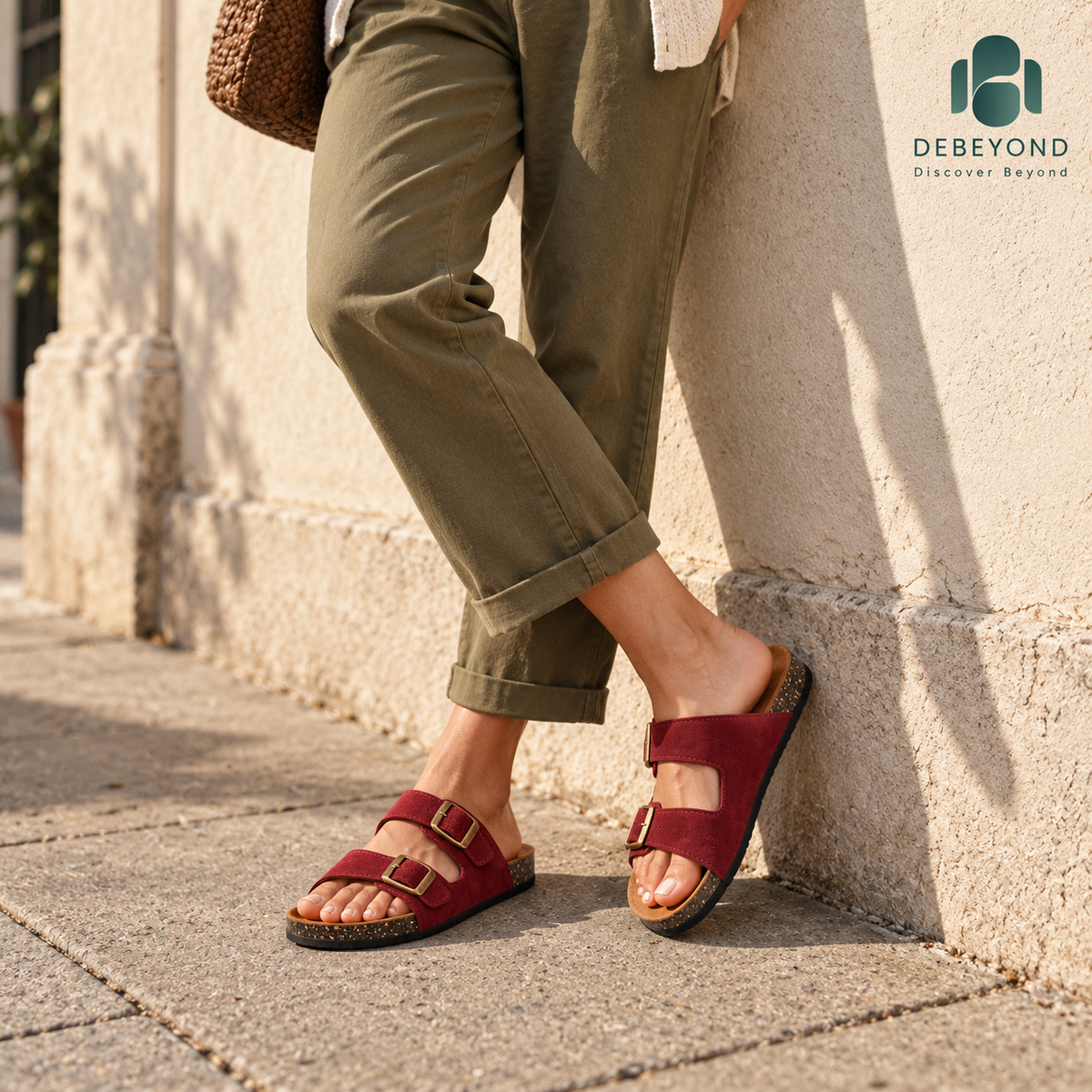 Dune Double-Buckle Sandals — Burgundy — styled on a woman, Debeyond lifestyle image 3