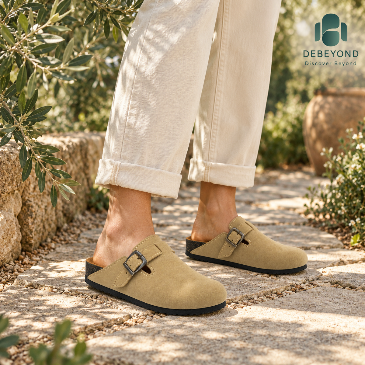 Haven Buckle Clogs — Sand — styled on a woman, Debeyond lifestyle image 3