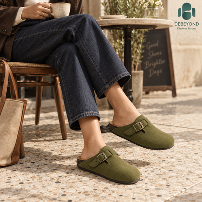 Haven Buckle Clogs — Olive — styled on a woman, Debeyond lifestyle image 3
