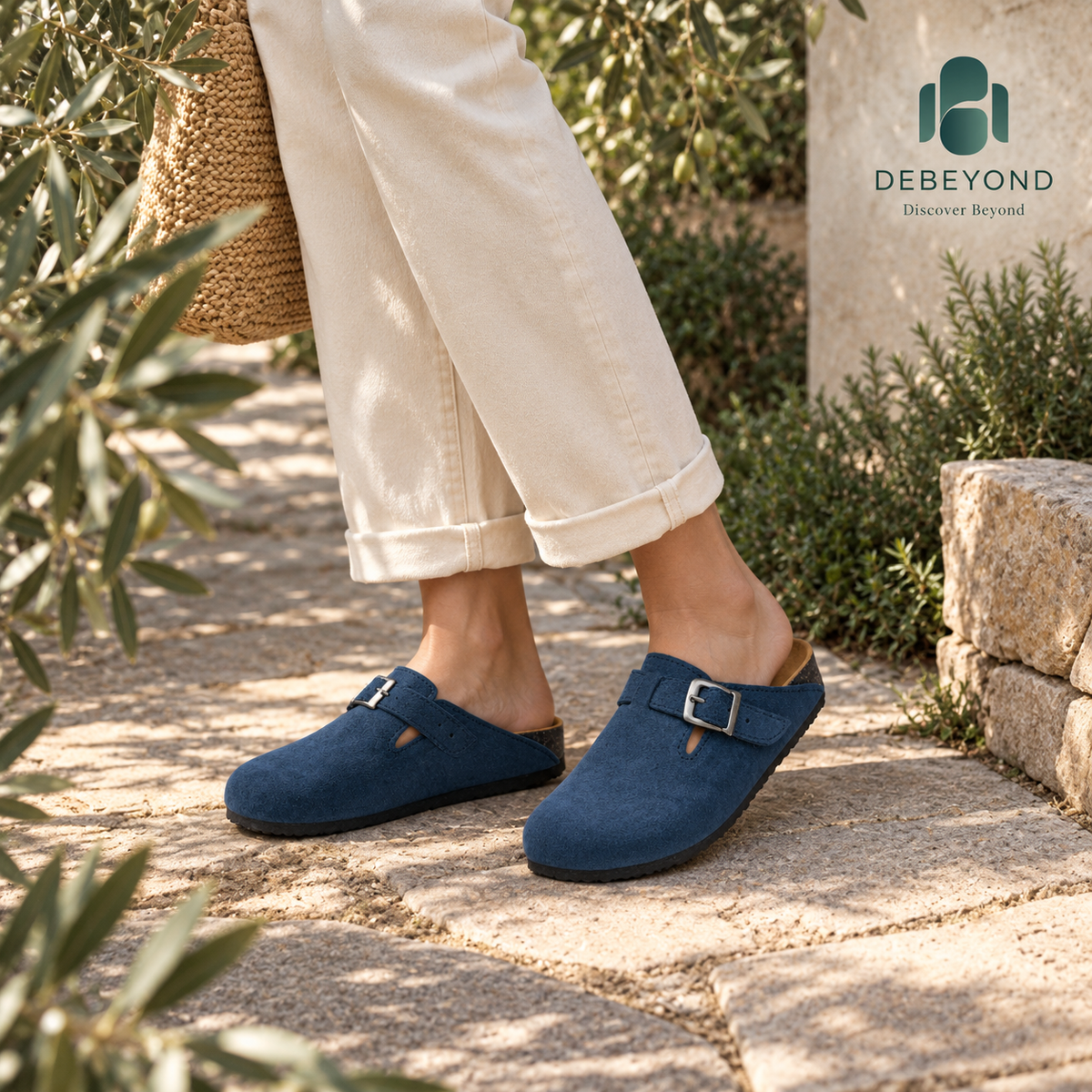 Haven Buckle Clogs — Navy — styled on a woman, Debeyond lifestyle image 3