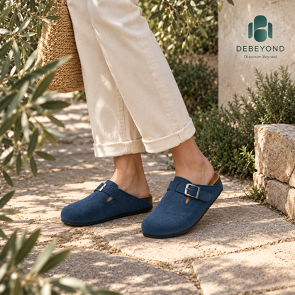 Haven Buckle Clogs — Navy — styled on a woman, Debeyond lifestyle image 3