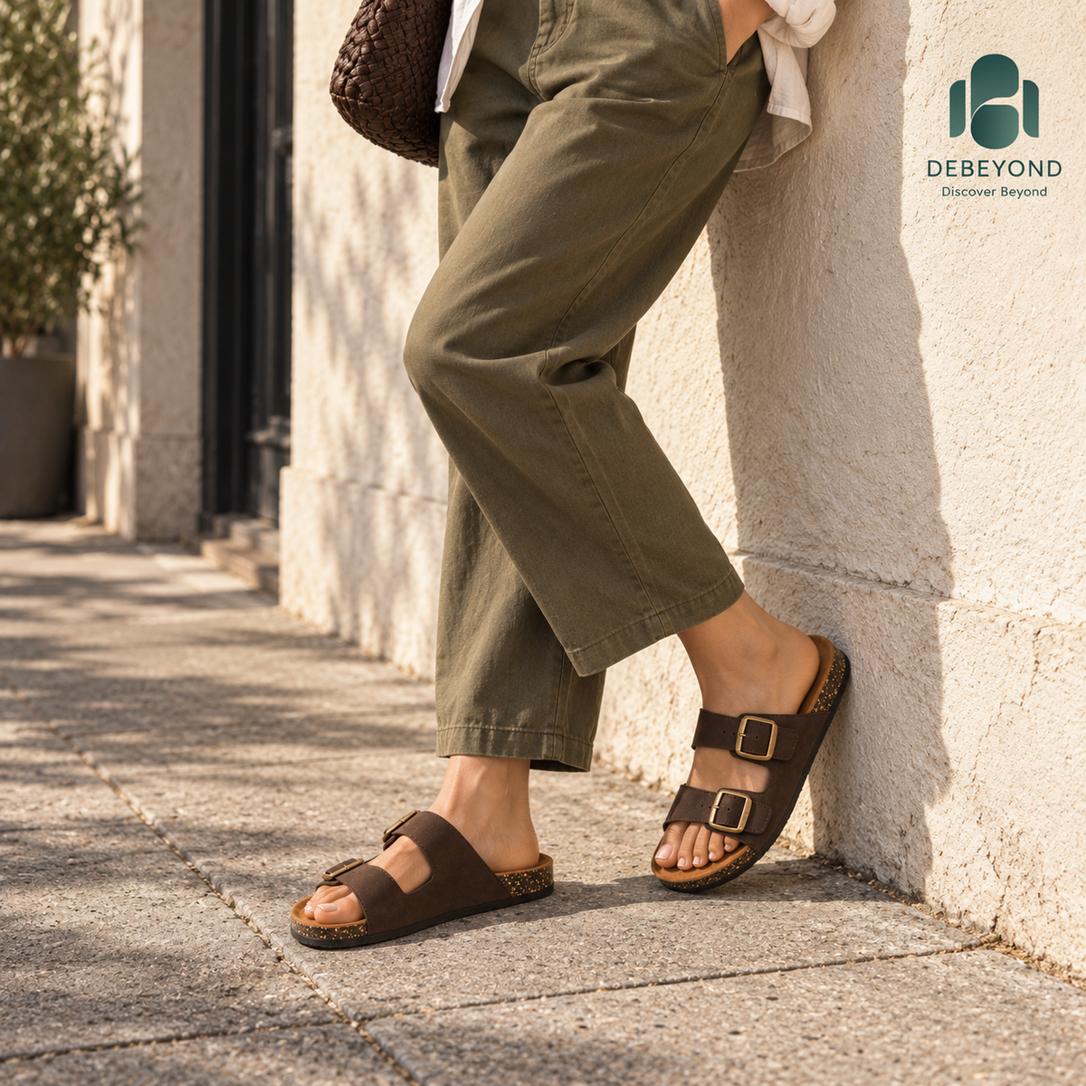 Dune Double-Buckle Sandals — Espresso — styled on a woman, Debeyond lifestyle image 3