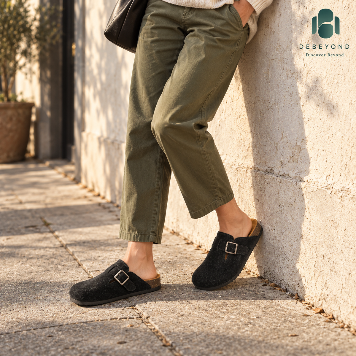 Haven Buckle Clogs — Black — styled on a woman, Debeyond lifestyle image 3
