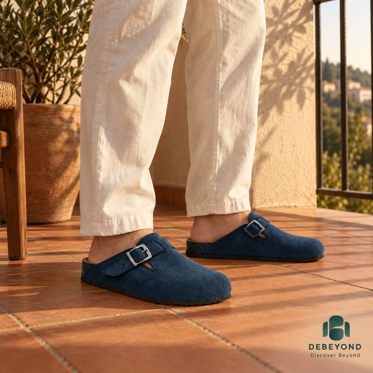 Haven Buckle Clogs — Navy — styled on a man, Debeyond lifestyle image 4