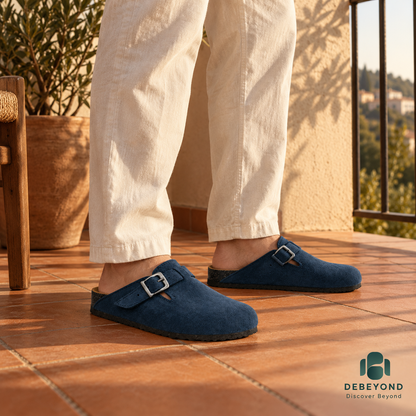 Haven Buckle Clogs — Navy — styled on a man, Debeyond lifestyle image 4