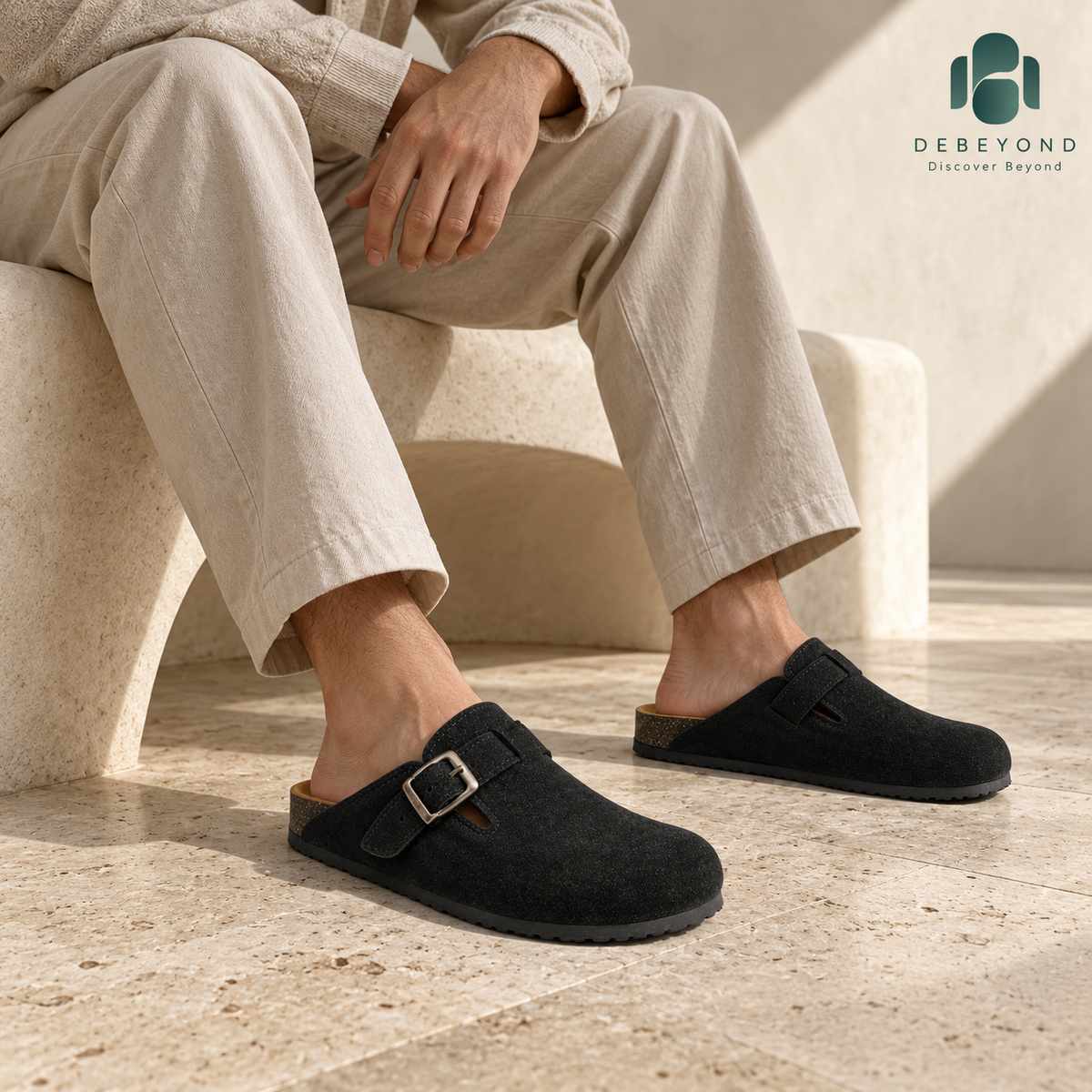 Haven Buckle Clogs — Black — styled on a man, Debeyond lifestyle image 4