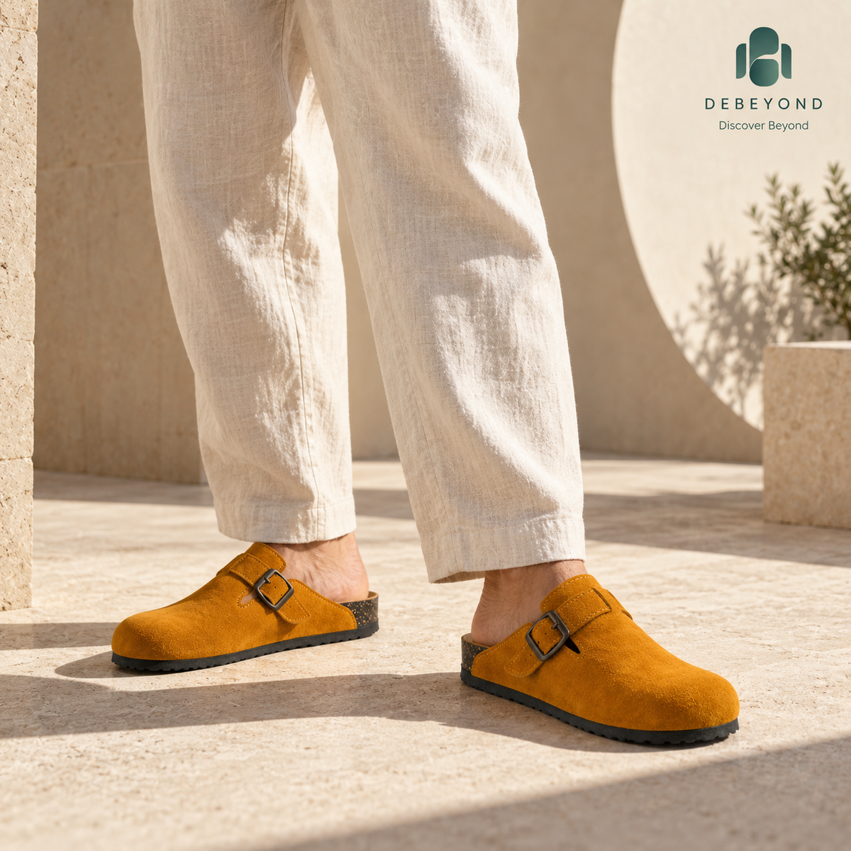 Haven Buckle Clogs — Ochre — styled on a man, Debeyond lifestyle image 4