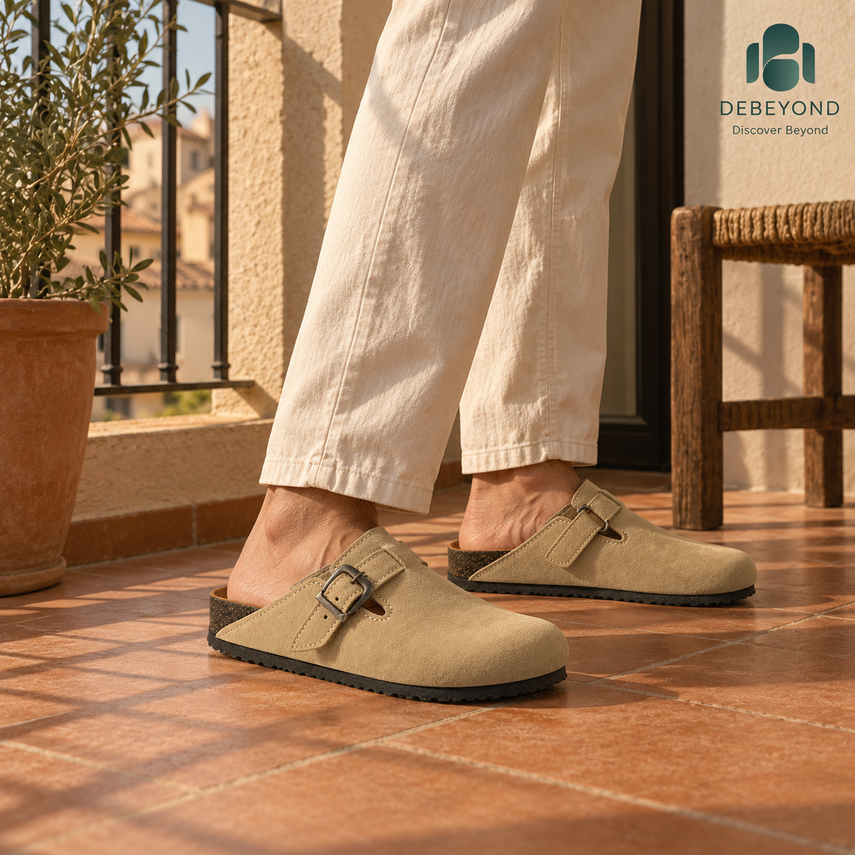 Haven Buckle Clogs — Sand — styled on a man, Debeyond lifestyle image 4