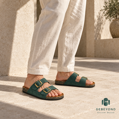 Dune Double-Buckle Sandals — Forest — styled on a man, Debeyond lifestyle image 4