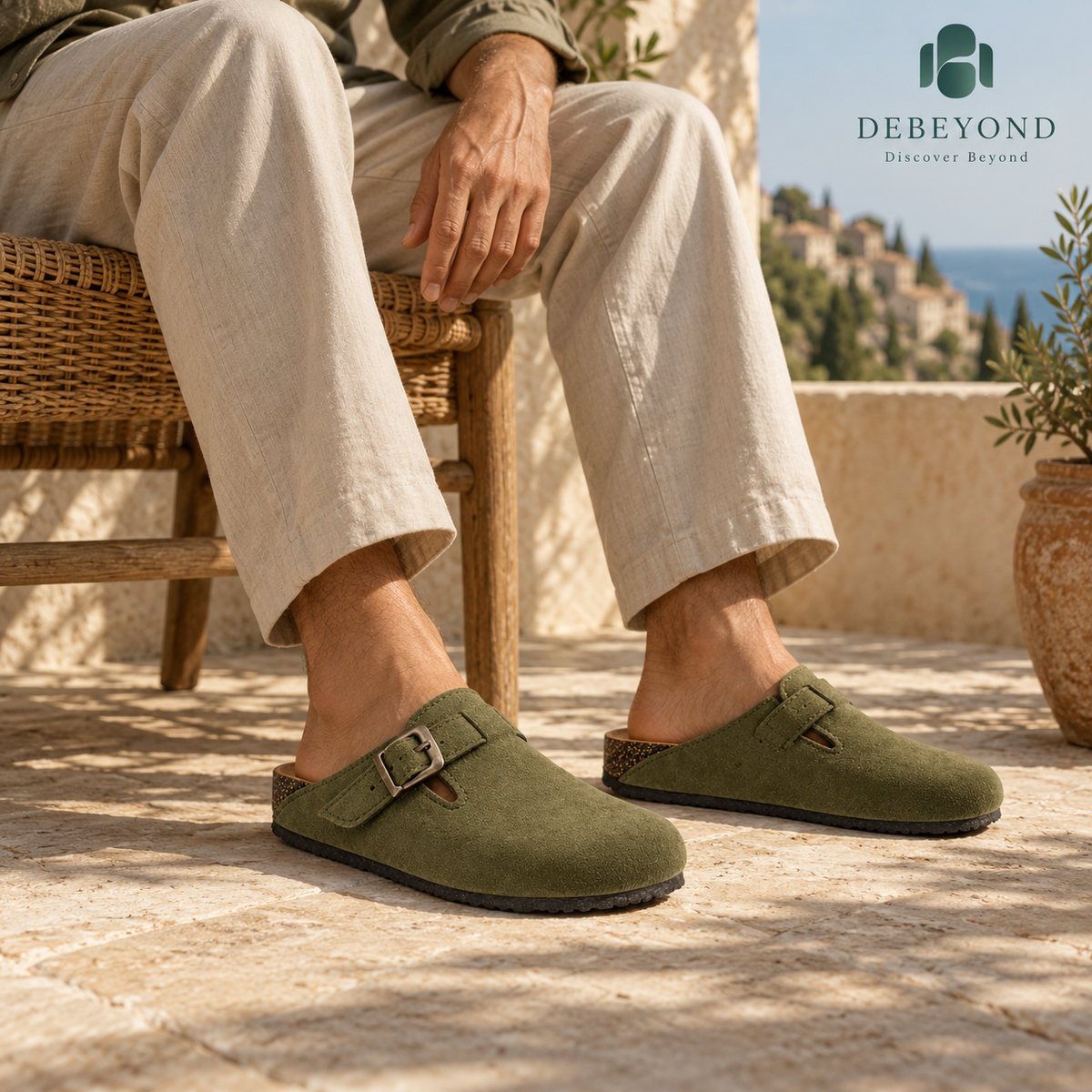 Haven Buckle Clogs — Olive — styled on a man, Debeyond lifestyle image 4