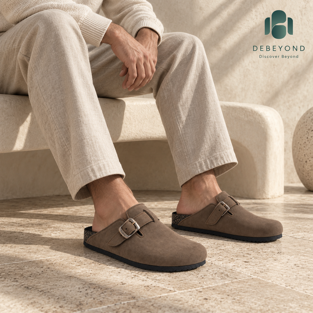 Haven Buckle Clogs — Mocha — styled on a man, Debeyond lifestyle image 4