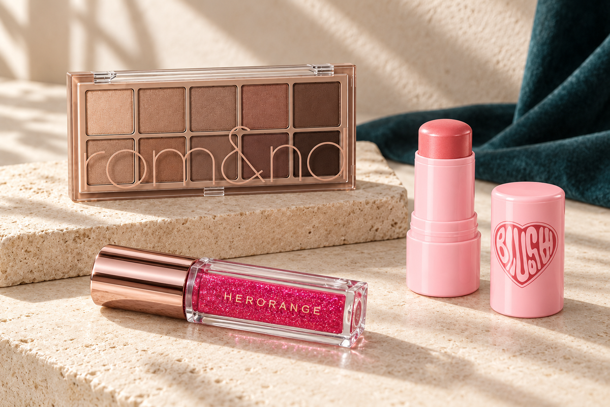 Rom&amp;nd eyeshadow palette, HERORANGE lip gloss and PINKFLASH blush on an ivory stone surface.