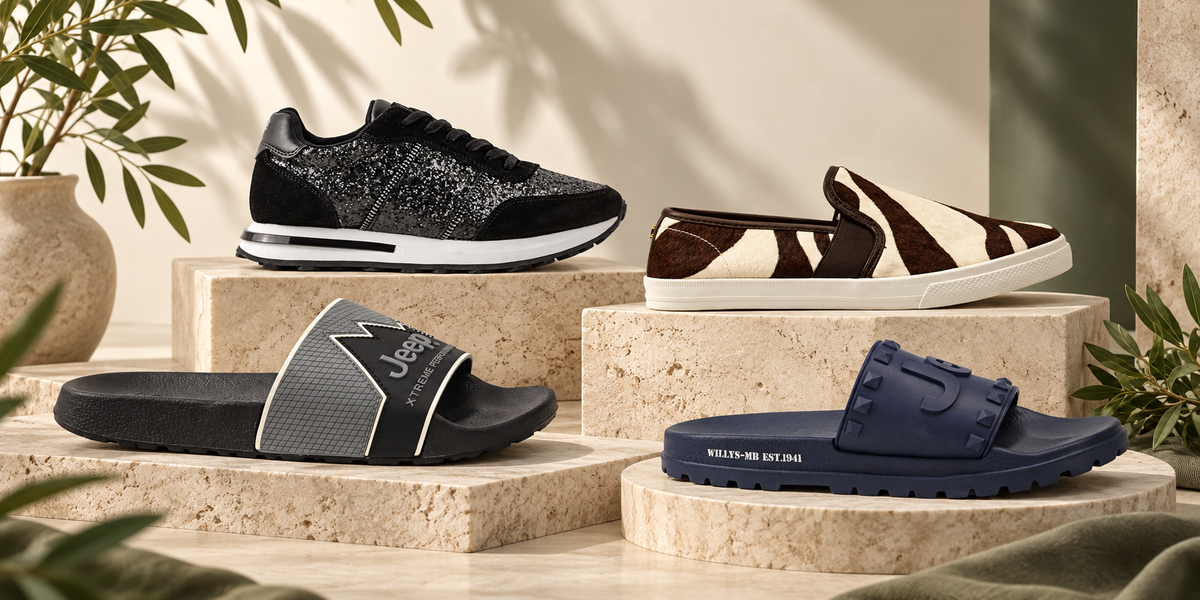 Jeep slides, black Ed Hardy sneaker and Ralph Lauren Jinny on warm stone platforms