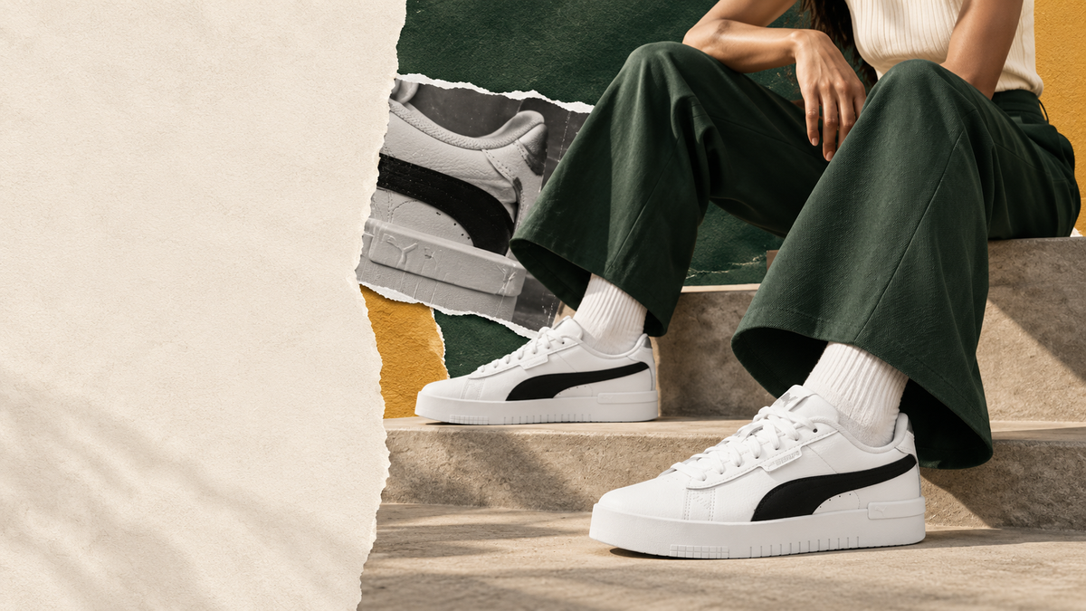 White Puma Jada trainers styled with forest-green tailoring and a textured editorial collage